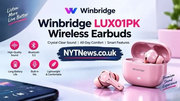 Winbridge LUX01PK wireless earbuds in pink with charging case, featured on NYTNews.co.uk.