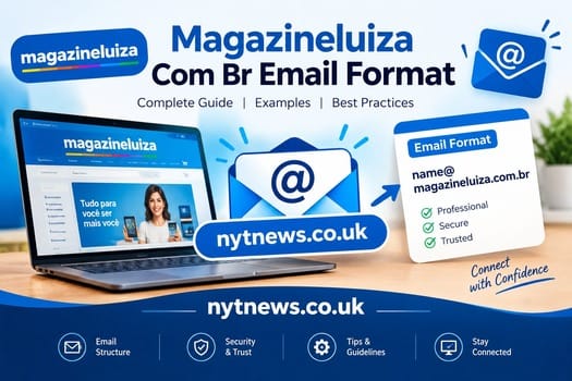 Magazineluiza Com Br Email Format guide featuring an email envelope, laptop, and sample email address format.