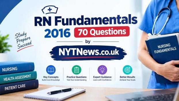RN Fundamentals 2016 70 Questions nursing study banner featuring NYTNews.co.uk branding.